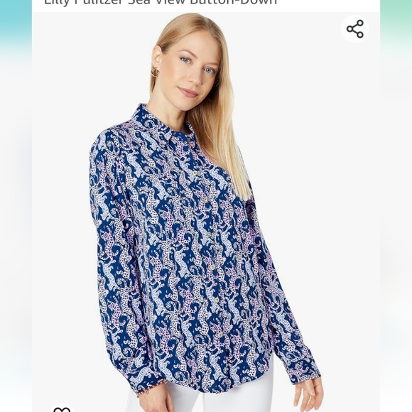 Lilly Pulitzer Sea View Rayon Button Down Top Oyster Bay Large - Picture 1 of 6